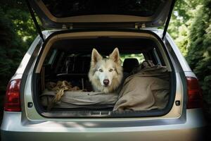 Cute dog sitting in the trunk of a car, AI Generated photo