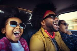 Happy african american family of father and children enjoying road trip together, AI Generative photo