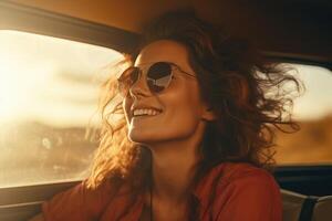 Woman traveling alone sitting in car , photo