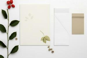 Wedding Invitation Cards Papers Laying on Table Decorate With Leaves, AI Generated photo