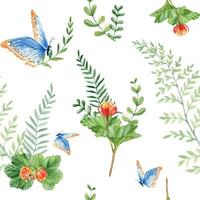 Seamless watercolor pattern with cloudberry leaves and berries, fern, green branches, blue butterfly. Botanical summer hand drawn illustration. Can be used for gift wrapping paper vector