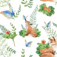 Seamless watercolor pattern with mother and baby fox, cloudberry leaves and berries, fern, green branches, blue butterfly. Botanical summer hand drawn illustration. Can be used for gift wrapping paper vector