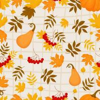 Autumn seamless pattern. Bunches red rowan with orange pumpkin on light checkered background with fall variegated leaves. Vector autumnal illustration for design, packaging, wallpaper and textile