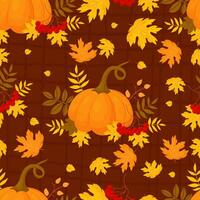 Autumn seamless pattern. Orange pumpkin with variegated multi-colored autumn leaves with bunches red rowan on brown background. Vector autumnal illustration for design, packaging, wallpaper, textile.