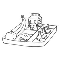School lunch on a tray hand drawn doodle illustration black outline. Back to school theme element vector