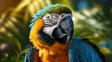 colorful blue, red and yellow Macaw in wild nature, AI Generated photo