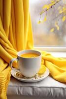 Cup of hot tea on window, yellow plaid and curtain , rain outside. AI Generated photo