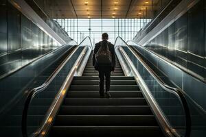 espalda ver de joven hombre caminando arriba escalera mecánica. ai generado foto