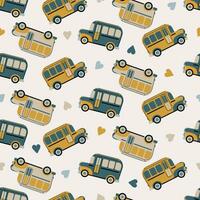 Children's print with cute buses and hearts. Pattern with transport for boys' textile. Cartoon vehicle for seamless nursery wallpaper. vector