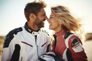 joven frio Pareja vistiendo motocicleta engranaje y cascos, ai generado foto