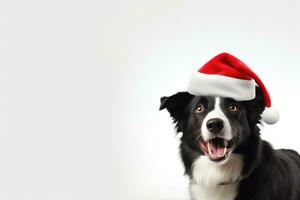 linda frontera collie vistiendo Papa Noel sombrero en blanco fondo, ai generado foto