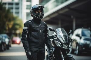 hombre vistiendo motocicleta engranaje y casco, ai generado foto