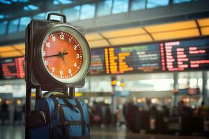 departure lounge in airport, closeup of clock showing time, AI Generated photo