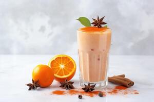Persimmon, orange and ginger drink with yogurt, photo