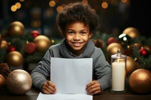 Cute boy writing a letter to Santa, AI Generated photo