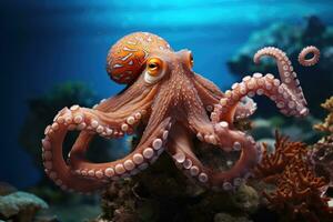 colorful octopus on a coral reef, underwater . AI Generated photo