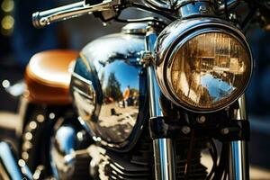 cerca arriba ver de un brillante motocicleta detalles , ai generado foto