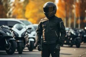 hombre vistiendo motocicleta engranaje y casco, ai generado foto