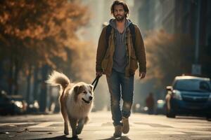 young man walking dog in the city in autumn day, AI Generated photo