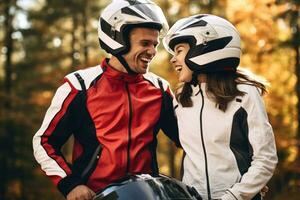 Young cool couple wearing motorcycle gear and helmets, AI Generated photo