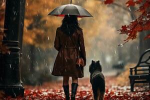 joven mujer caminando su perro en el parque en otoño día, ai generado foto