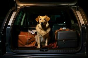 Cute dog sitting in the trunk of a car, AI Generated photo