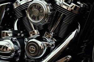 Close up view of a shiny motorcycle engine, AI Generated photo