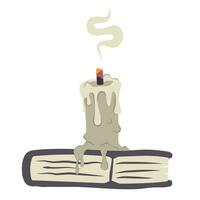 Hand drawn paraffin candle with magic book isolated. Blown out wax candle and spell book for performing mystic ritual. Vector Cartoon doodle illustration for Halloween party, esoteric, mystery