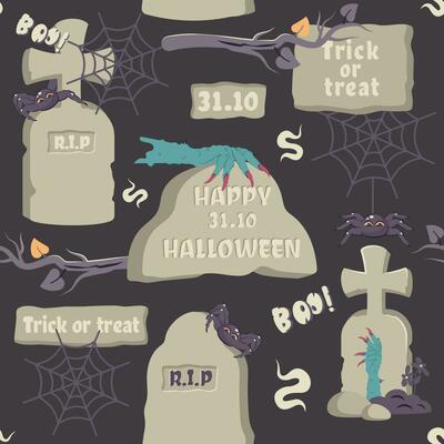 Halloween pattern. Doodle hand drawn tombstones with Spooky Hands of monster, witch. Old carved inscriptions. Spooky Spider, cobweb, ground, text. Autumn holiday of dead. Vector cartoon illustration