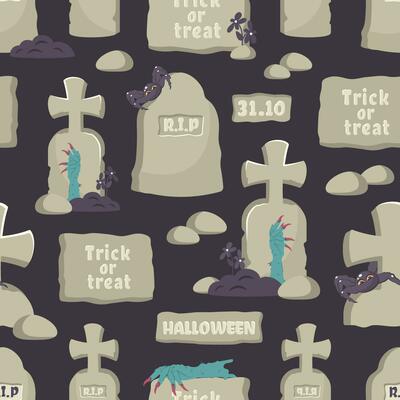 Halloween Seamless pattern. Doodle hand drawn tombstones with Spooky Hands of monster, witch. Old carved inscriptions. Spooky Spider, cobweb, ground, text. Autumn holiday of dead. Vector illustration