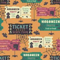 Seamless Halloween pattern. Repeated pattern on orange background with ticket and silhouette of spider, bat, tomb, cemetery, cobweb. Vector illustration for print, wallpaper fabric, wrapping