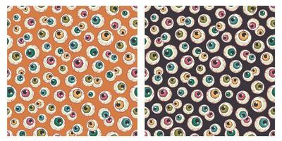 Set of Seamless Halloween patterns. Repeated holiday print with different spooky creepy eyes. Hand drawn doodle traditional element for  Autumn holiday of dead.Printable background. Vector