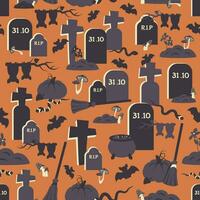 Halloween Seamless pattern. Spooky creepy cemetery Doodle hand drawn silhouette of tombstones, bat, pumpkin, snake. Old grave, monument, ground. Autumn holiday of dead. Vector illustration