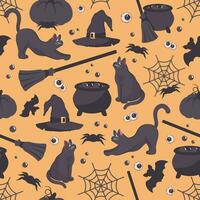 Halloween Seamless pattern. Repeated holiday print. Hand drawn doodle character. Cute black cat and silhouette of bat, spider. Autumn holiday of dead. Printable texture background. Vector illustration