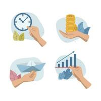 Set of Character hands holding business objects, clock, time, money, coins, gold, Paper boat, bar chart, uptrend, Illustration ideas for web pages, ads, Vector design.