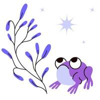 Cute cartoon frog with a twig on a background of stars. Theme forest animals illustration in vector. vector