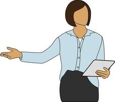 A skilled businesswoman showcasing innovation as she holds a tablet in one hand and introduces something with the other. Cartoon style illustration. vector