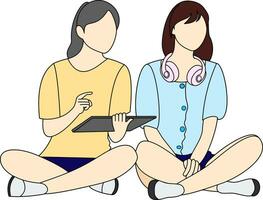 Two girls in casual attire sitting cross-legged, sharing a captivating moment together. Cartoon style illustration. vector