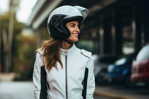 joven frio mujer vistiendo motocicleta engranaje y casco, ai generado foto