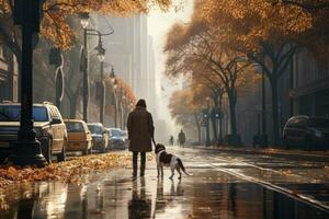 young man walking dog in the city in autumn day, AI Generated photo