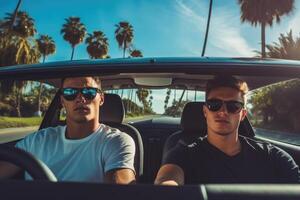 Two friends in car driving on road, having road trip, palm trees around. photo