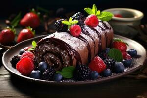 Chocolate Swiss Roll Cake coated with Chocolate Chips on table top, AI Generated photo