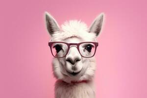 funny alpaca on pink background, AI Generated photo