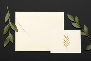 Wedding Invitation Cards Papers Laying on Table Decorate With Leaves, AI Generated photo