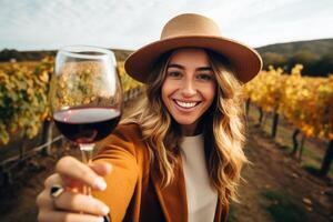 caucásico mujer Bebiendo vino en viñedo , ai generado foto