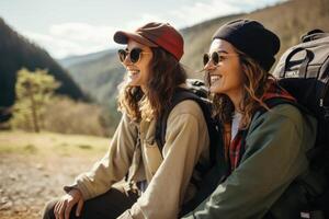 Two female friends in car driving on road, having road trip, palm trees around. AI Generative photo