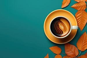 Cup of fresh hot coffee with autumn leaves, top view flat lay, photo