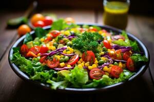 Healthy vegetable salad of fresh fruit, greenery, spinach, lettuce and sesame on plate. AI Generated photo