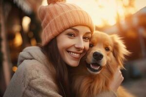 young adult woman holding her dog , outdoor autumn park, AI Generated photo