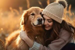 joven adulto mujer participación su perro , al aire libre otoño parque, ai generado foto